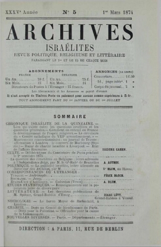 Archives israélites de France. Vol.35 N°05 (01 mars 1874)
